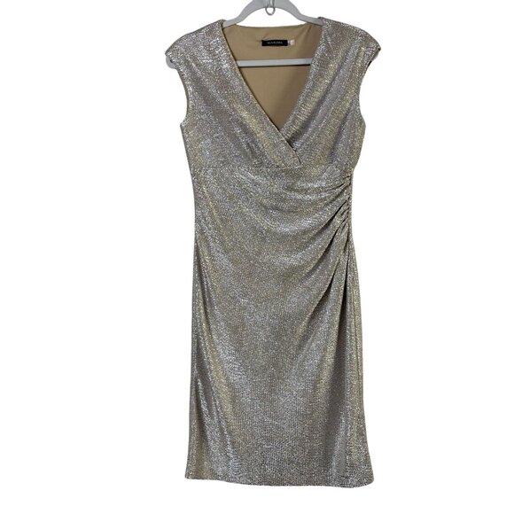 MARINA Dresses & Skirts - Marina Sheath Cocktail Dress Size 4 Silver Metallic Ruched Waist V Neck Holiday